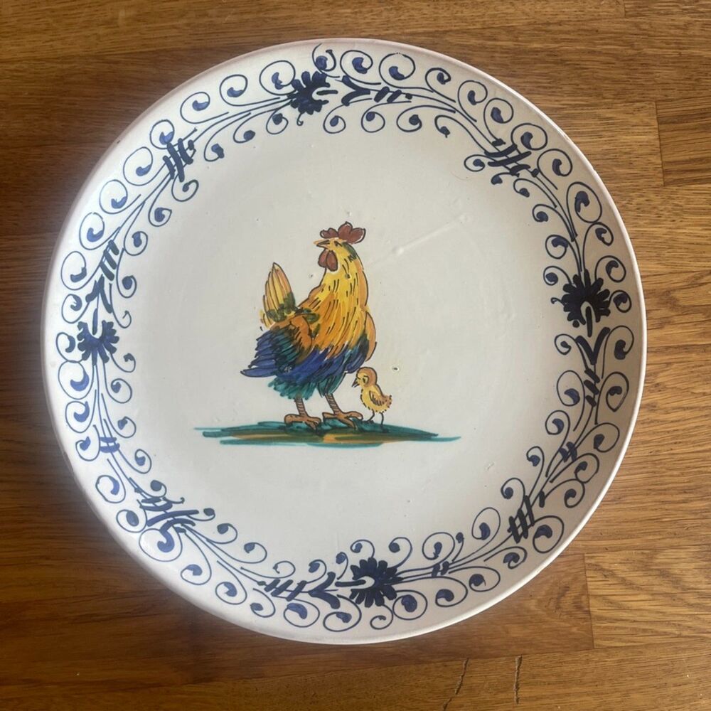 Italian Vintage Decorative Plate Rooster Terra Cotta 10" Diameter White Blue